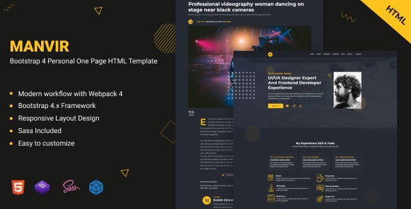 Manvir – Bootstrap 4 个人单页网站HTML模板-蟹程序